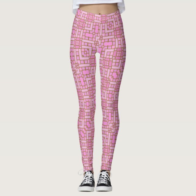 Funky Trendy Cute Geometric Pink Blocks Squares Leggings (Front)