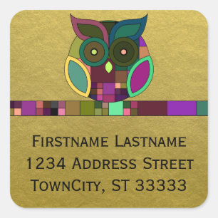 Funky Tribal Aztec Owl on Faux Gold Foil Square Sticker
