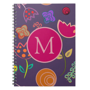 Funky Tulip Pattern Purple Monogram Notebook