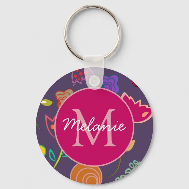 Funky Tulip Pattern Purple Monogram Personalised Key Ring (Front)