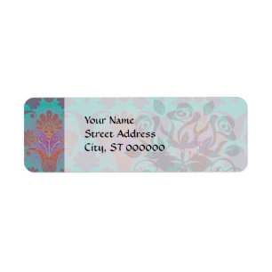 funky turquoise and magenta damask return address label