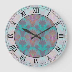 funky turquoise and magenta damask roman numerals large clock