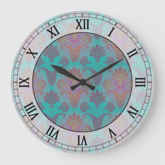 funky turquoise and magenta damask roman numerals large clock