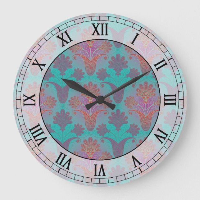 funky turquoise and magenta damask roman numerals large clock (Front)