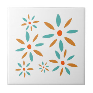 Funky Turquoise And Orange Mid Mod Retro Flowers Ceramic Tile