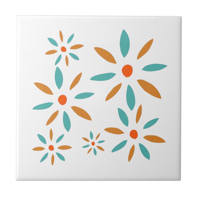 Funky Turquoise And Orange Mid Mod Retro Flowers Ceramic Tile (Front)