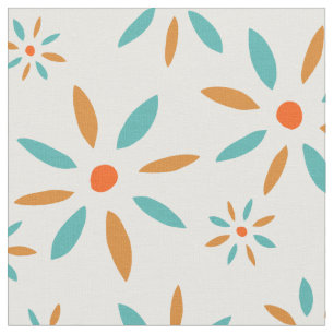 Funky Turquoise And Orange Retro Flowers Fabric