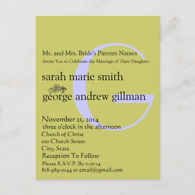 Funky UpBeat Modern Monogram Wedding Invitation Postcard (Front)