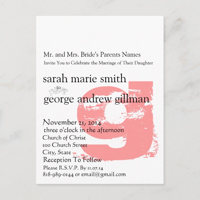 Funky UpBeat Modern Monogram  Wedding Invitation Postcard (Front)