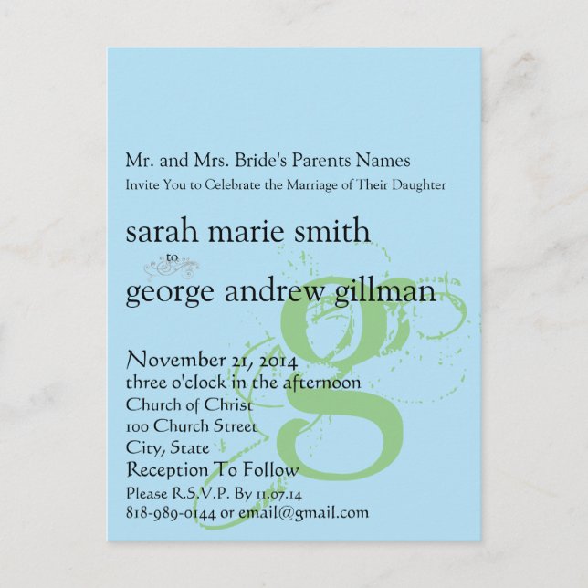 Funky UpBeat Modern Monogram  Wedding Invitation Postcard (Front)