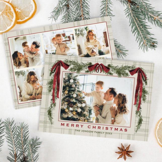 Funky Velvet Christmas Boho Red Bow 4 Photo Holiday Card (Creator Uploaded)