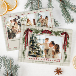 Funky Velvet Christmas Boho Red Bow 4 Photo Holiday Card