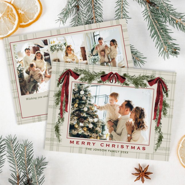 Funky Velvet Christmas Boho Red Bow 4 Photo Holiday Card (Creator Uploaded)