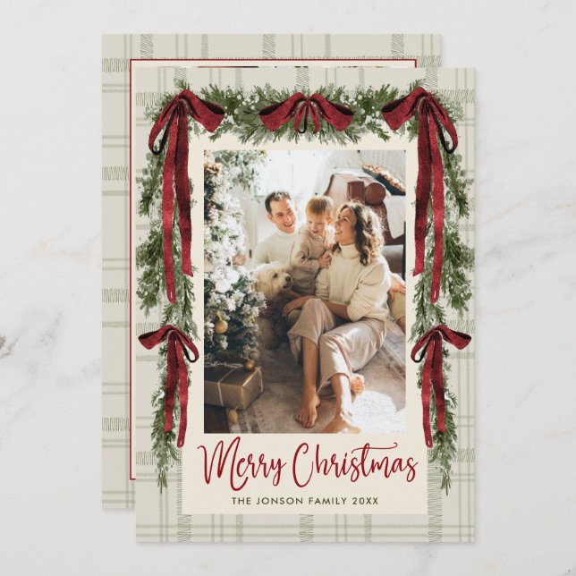 Funky Velvet Christmas Boho Red Bow 5 Photo Holiday Card (Front/Back)