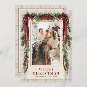 Funky Velvet Christmas Boho Red Bow 5 Photo Holiday Card