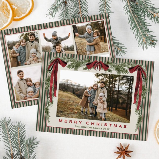 Funky Velvet Christmas Boho Red Bow 6 Photo Holiday Card (Creator Uploaded)