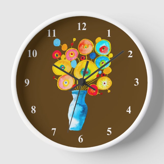 Funky vibrant flowers art illustration clock (Front)
