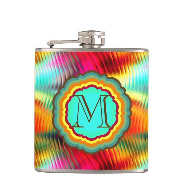 Funky, Vibrant Rainbow Monogram Hip Flask (Front)