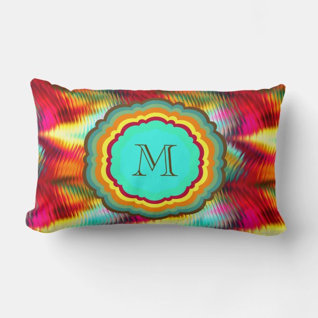 Funky, Vibrant Rainbow Monogram Lumbar Cushion (Front)