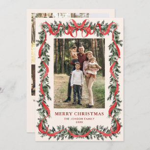 Funky Vintage Christmas Red Bow Coquette5 Photo Holiday Card