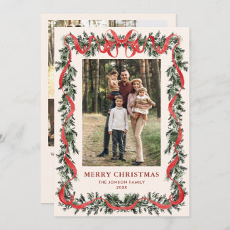 Funky Vintage Christmas Red Bow Coquette5 Photo Holiday Card