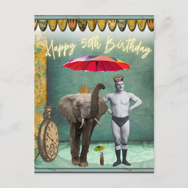 Funky Vintage Strongman 50th Birthday  Postcard (Front)