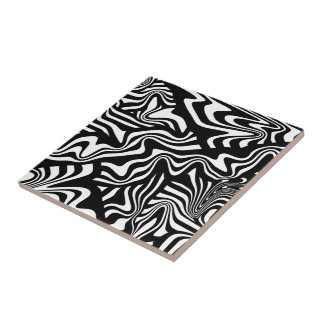 Funky Warped Black and White Abstract Line Art Ceramic Tile