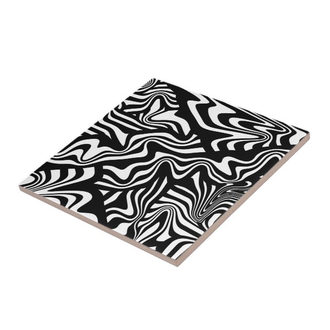 Funky Warped Black and White Abstract Line Art Ceramic Tile (Side)