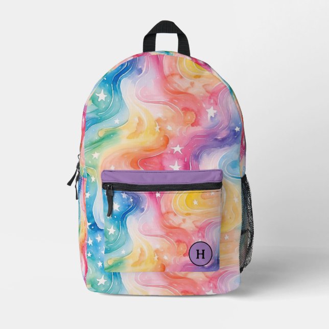 Funky Watercolor Rainbow Galaxy Monogram Printed Backpack (Front)