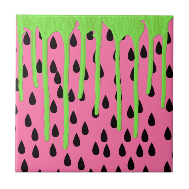 Funky Watermelon Neon Green Paint Drips Ceramic Tile (Front)