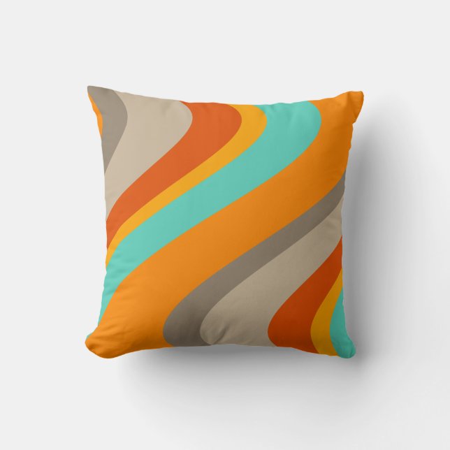 Funky Waves Retro Pillow - orange and teal (Front)