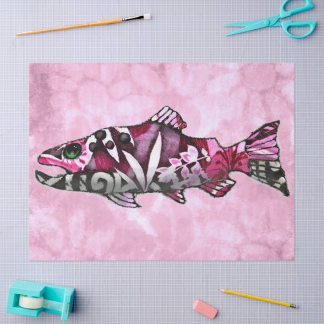 Funky Whimsical Abstract Salmon Fish Decoupage Tissue Paper (Craft)