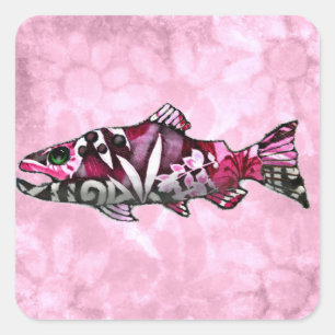 Funky Whimsical Abstract Salmon Fish Painting Art Square Sticker