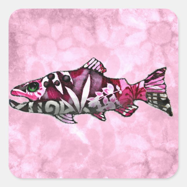 Funky Whimsical Abstract Salmon Fish Painting Art Square Sticker (Front)