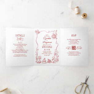 Funky Whimsical Doodles Modern Red Wedding Photo Tri-Fold Invitation