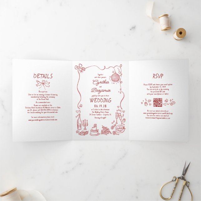 Funky Whimsical Doodles Modern Red Wedding Photo Tri-Fold Invitation (Inside)
