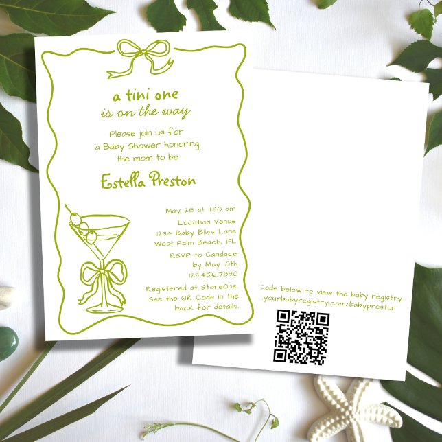 Funky Whimsical Green Martini QR Code Baby Shower Invitation (Creator Uploaded)