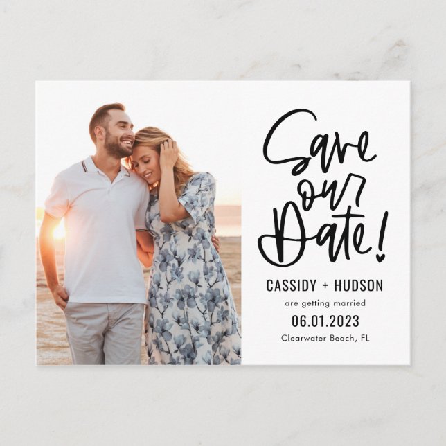 Funky Writing EDITABLE COLOR Save Our Date Postcard (Front)