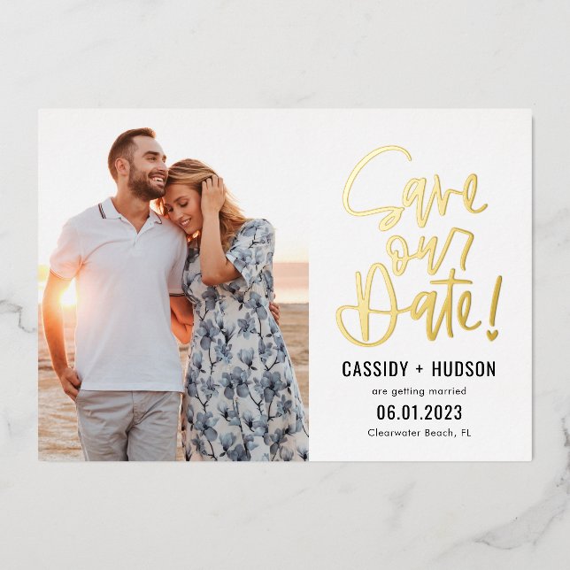 Funky Writing REAL FOIL Save The Date Card (Front)