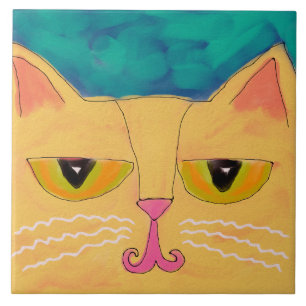 Funky Yellow Cat Abstract Painting Ceramic Tile