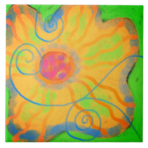 Funky Yellow Flower Abstract Painting Ceramic Tile