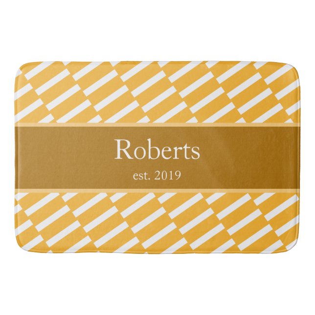 Funky Yellow Pattern Family Name and Year Modern Bath Mat (Front)