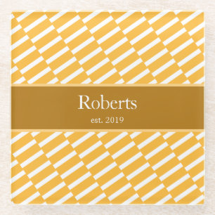 Funky Yellow Pattern Family Name and Year Modern Glass Coaster