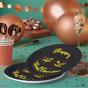 Funky yellows Happy Halloween text & pumpkin face Paper Plate