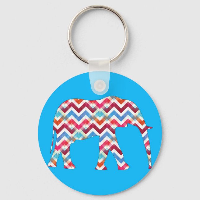 Funky Zigzag Chevron Elephant on Teal Blue Key Ring (Front)