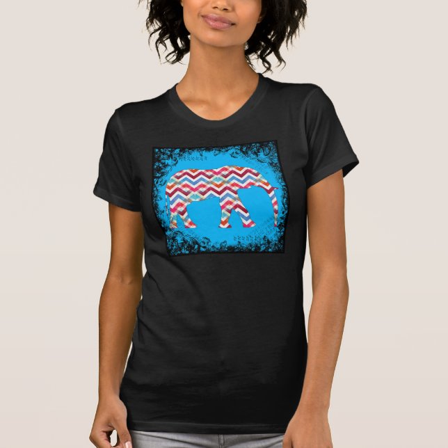 Funky Zigzag Chevron Elephant on Teal Blue T-Shirt (Front)