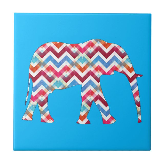 Funky Zigzag Chevron Elephant on Teal Blue Tile (Front)
