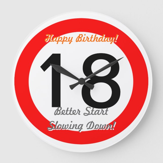 Funny 18th Birthday Joke 18 Road Sign Speed Limit Large Clock (Front)