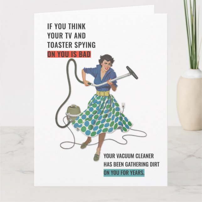 Funny 1950s Housewife Vacuuming Greeting Card (Front)