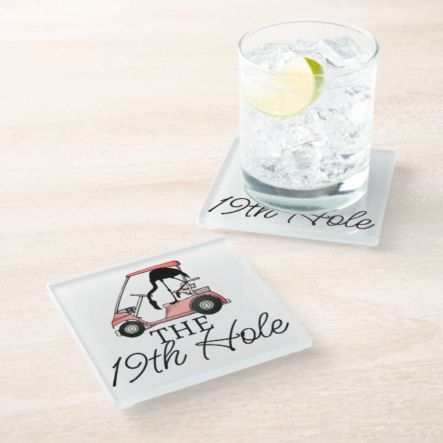 Funny 19th Hole Golf Cart Flamingo Glass Coaster (Angled)